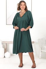 Mariah Midi Dress - V Neck Smock Dress With Batwing Sleeves In Emerald