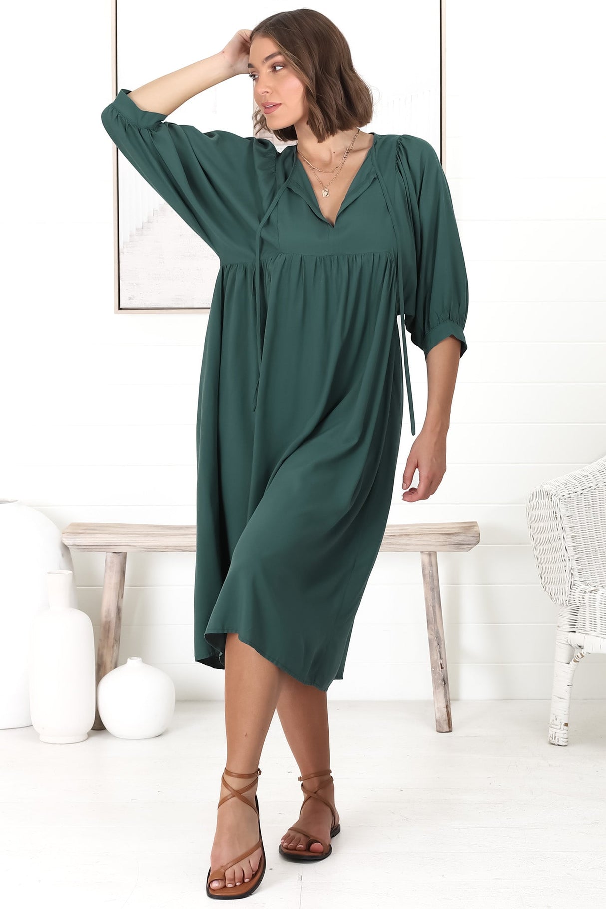 Mariah Midi Dress - V Neck Smock Dress With Batwing Sleeves In Emerald