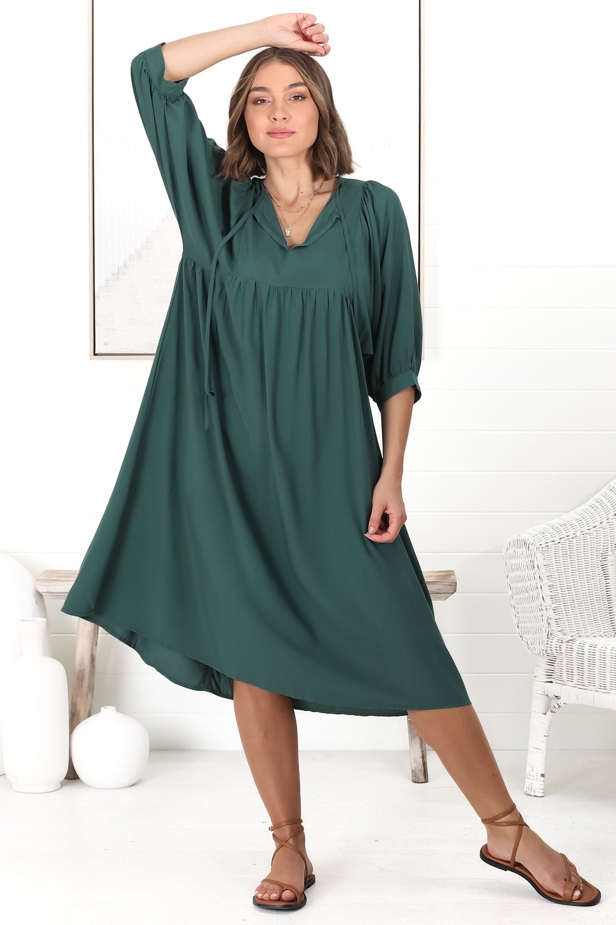 Mariah Midi Dress - V Neck Smock Dress With Batwing Sleeves In Emerald