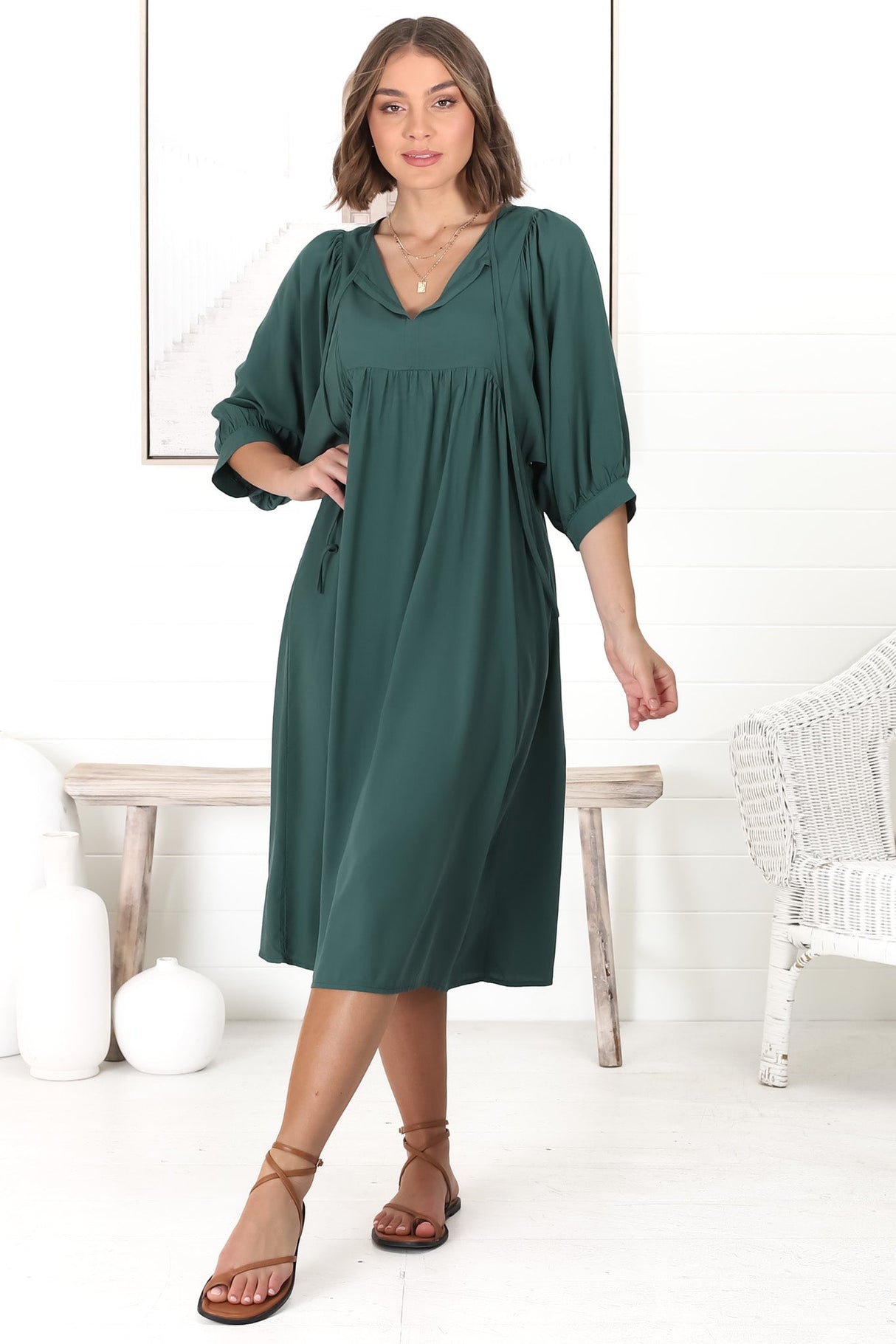 Mariah Midi Dress - V Neck Smock Dress With Batwing Sleeves In Emerald