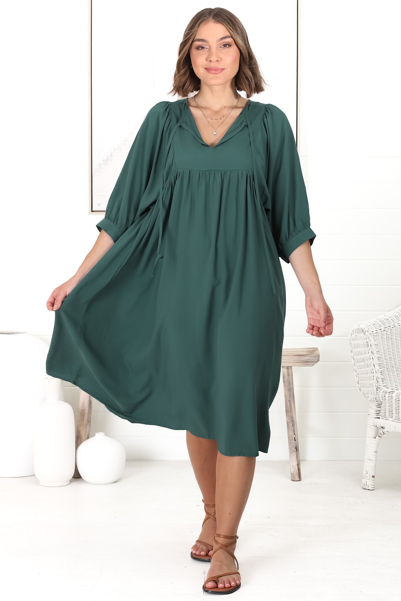 Mariah Midi Dress - V Neck Smock Dress With Batwing Sleeves In Emerald