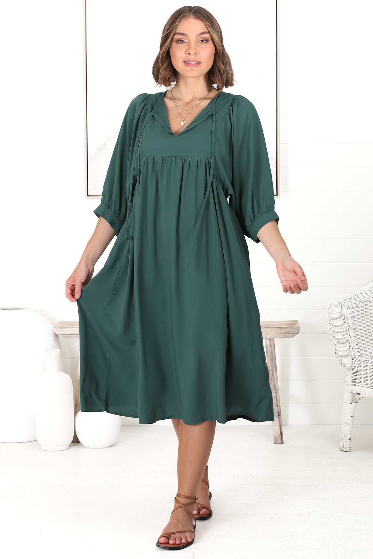 Mariah Midi Dress - V Neck Smock Dress With Batwing Sleeves In Emerald