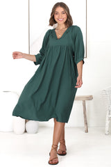 Mariah Midi Dress - V Neck Smock Dress With Batwing Sleeves In Emerald