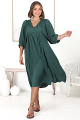 Mariah Midi Dress - V Neck Smock Dress With Batwing Sleeves In Emerald