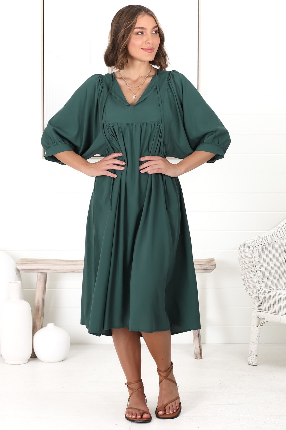 Mariah Midi Dress - V Neck Smock Dress With Batwing Sleeves In Emerald