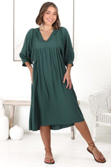 Mariah Midi Dress - V Neck Smock Dress With Batwing Sleeves In Emerald