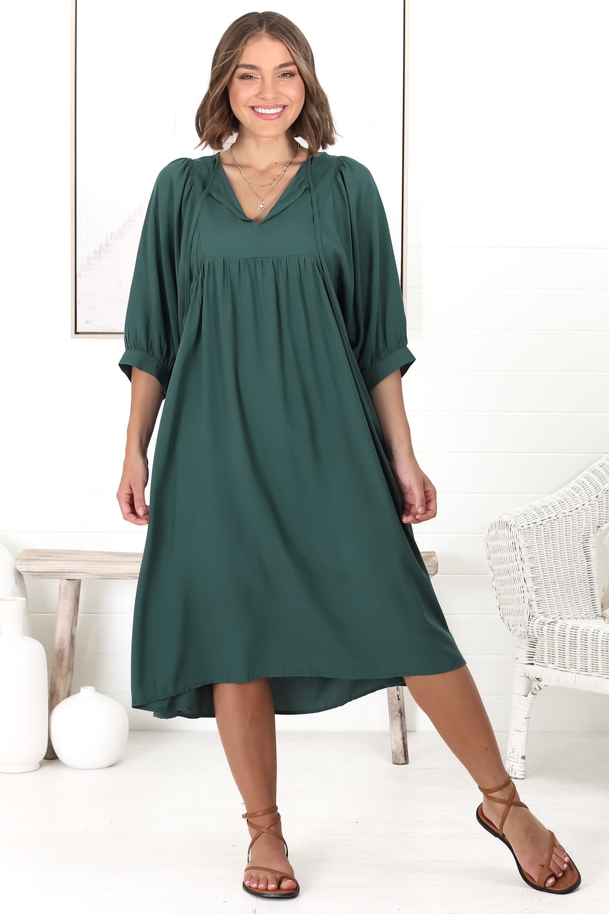 Mariah Midi Dress - V Neck Smock Dress With Batwing Sleeves In Emerald