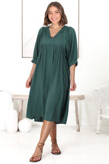 Mariah Midi Dress - V Neck Smock Dress With Batwing Sleeves In Emerald