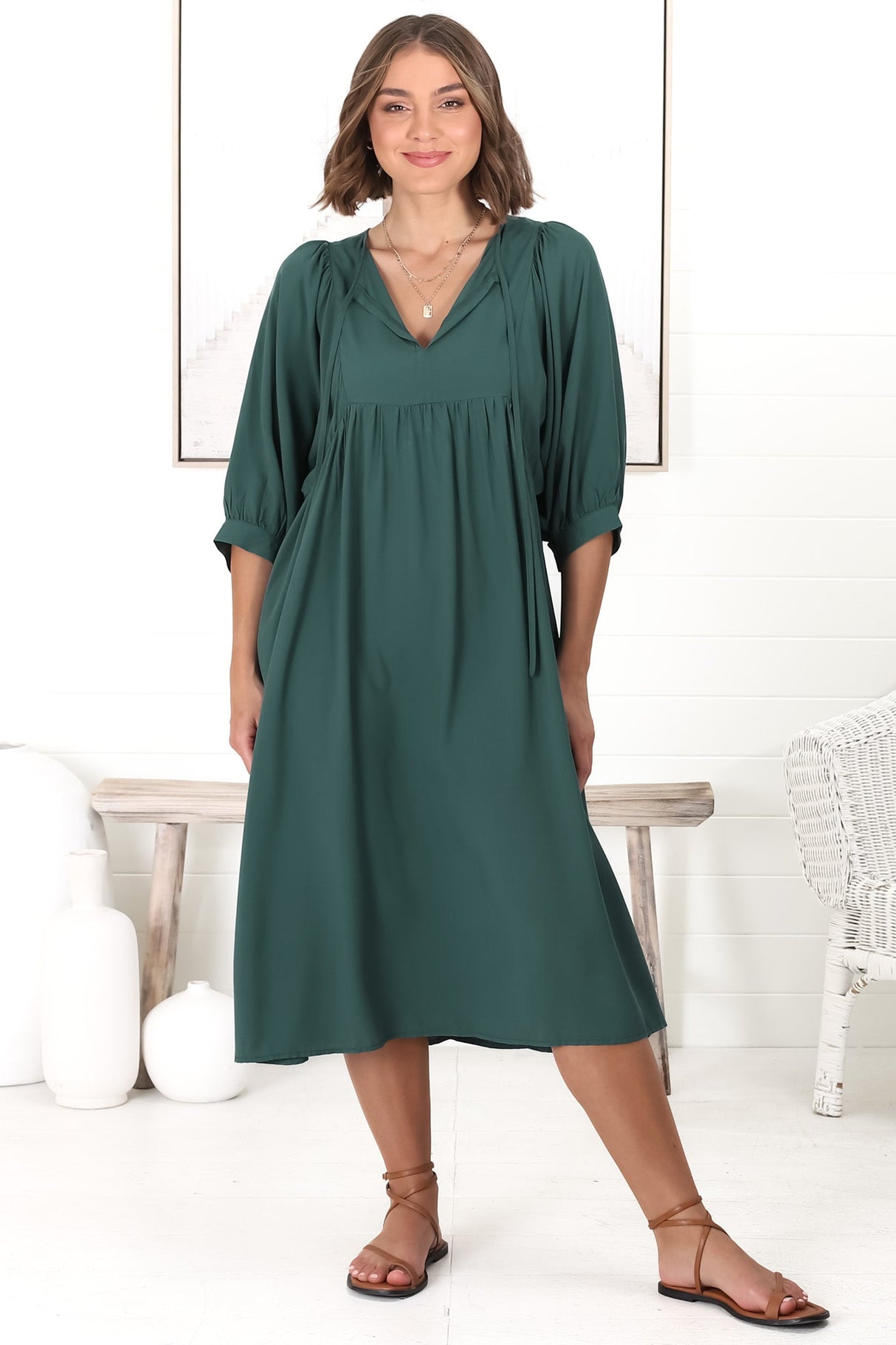 Mariah Midi Dress - V Neck Smock Dress With Batwing Sleeves In Emerald