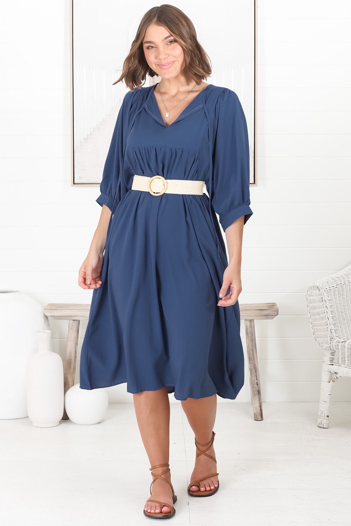 Mariah Midi Dress - V Neck Smock Dress with Batwing Sleeves in Navy