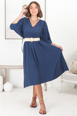 Mariah Midi Dress - V Neck Smock Dress with Batwing Sleeves in Navy