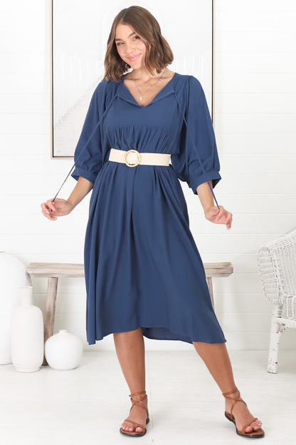 Mariah Midi Dress - V Neck Smock Dress with Batwing Sleeves in Navy