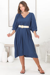 Mariah Midi Dress - V Neck Smock Dress with Batwing Sleeves in Navy