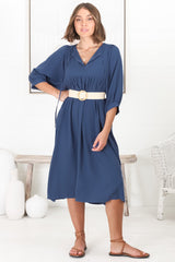 Mariah Midi Dress - V Neck Smock Dress with Batwing Sleeves in Navy