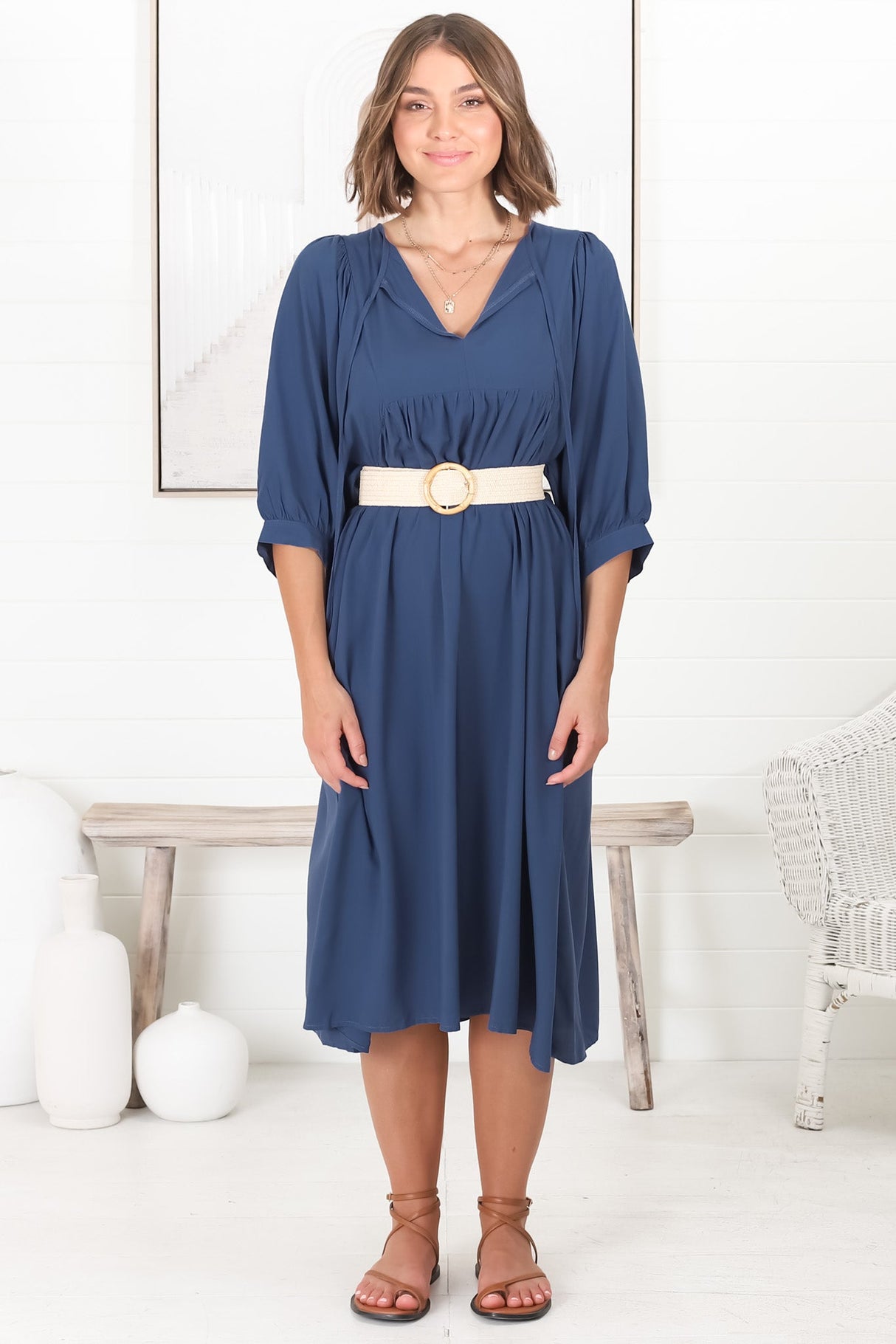 Mariah Midi Dress - V Neck Smock Dress with Batwing Sleeves in Navy