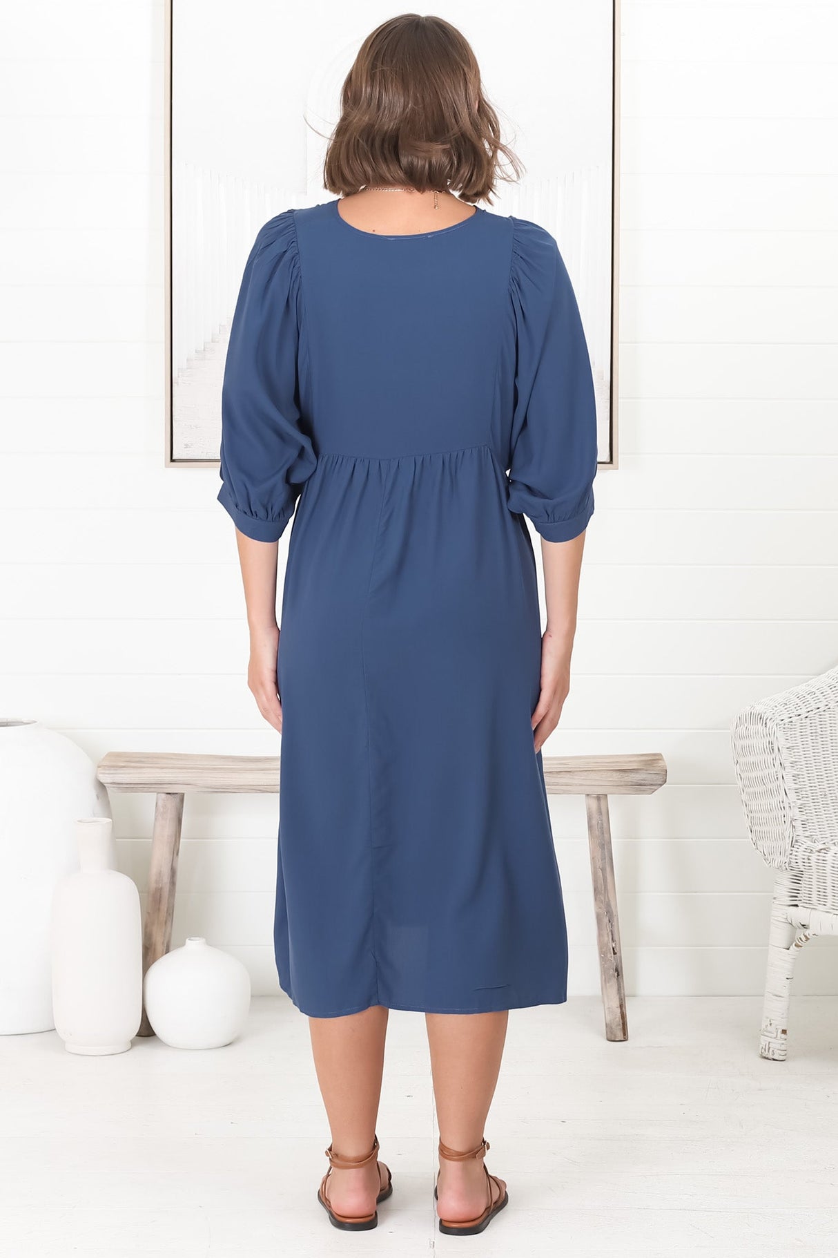 Mariah Midi Dress - V Neck Smock Dress with Batwing Sleeves in Navy