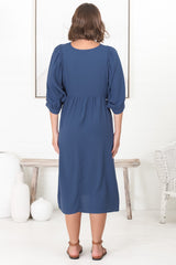 Mariah Midi Dress - V Neck Smock Dress with Batwing Sleeves in Navy