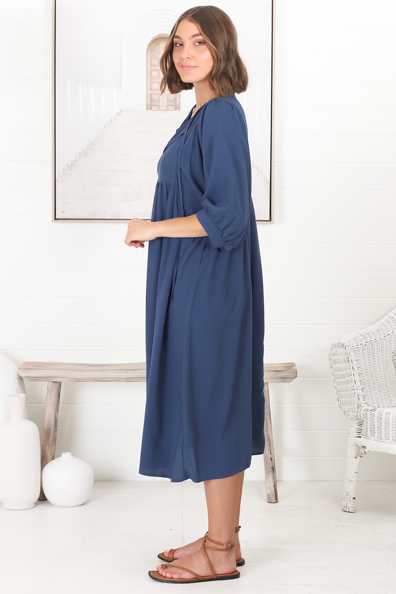 Mariah Midi Dress - V Neck Smock Dress with Batwing Sleeves in Navy