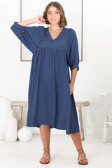 Mariah Midi Dress - V Neck Smock Dress with Batwing Sleeves in Navy