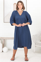 Mariah Midi Dress - V Neck Smock Dress with Batwing Sleeves in Navy