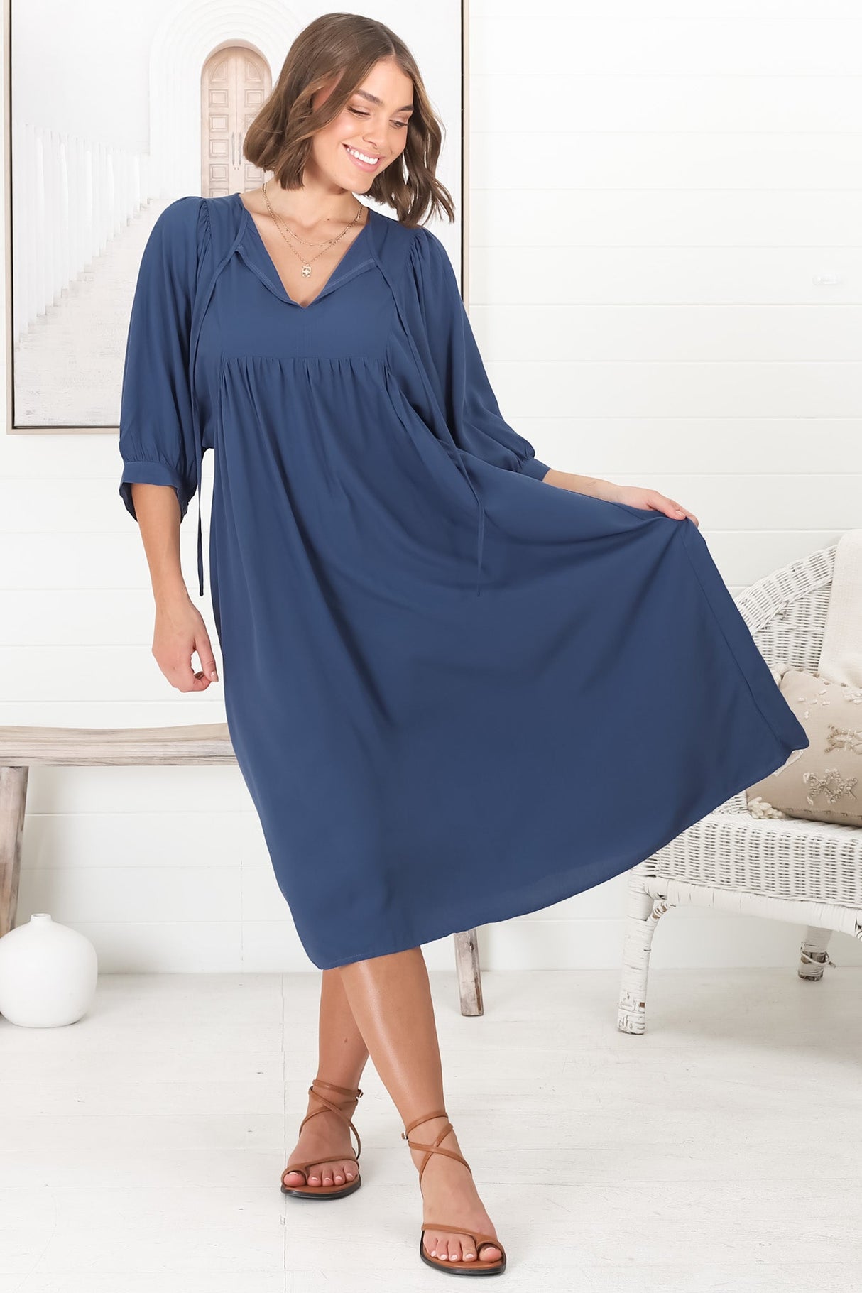 Mariah Midi Dress - V Neck Smock Dress with Batwing Sleeves in Navy