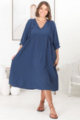 Mariah Midi Dress - V Neck Smock Dress with Batwing Sleeves in Navy