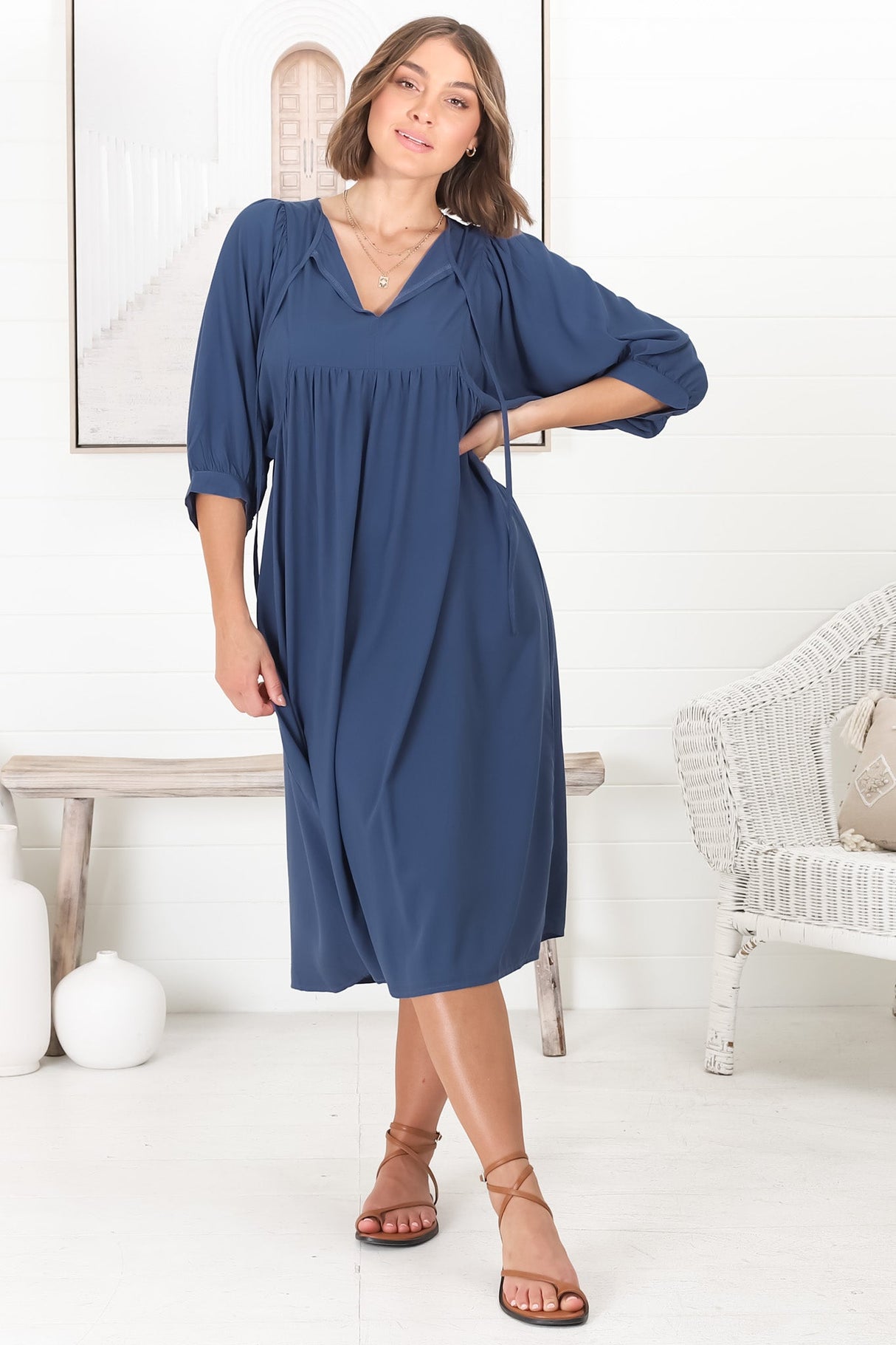 Mariah Midi Dress - V Neck Smock Dress with Batwing Sleeves in Navy