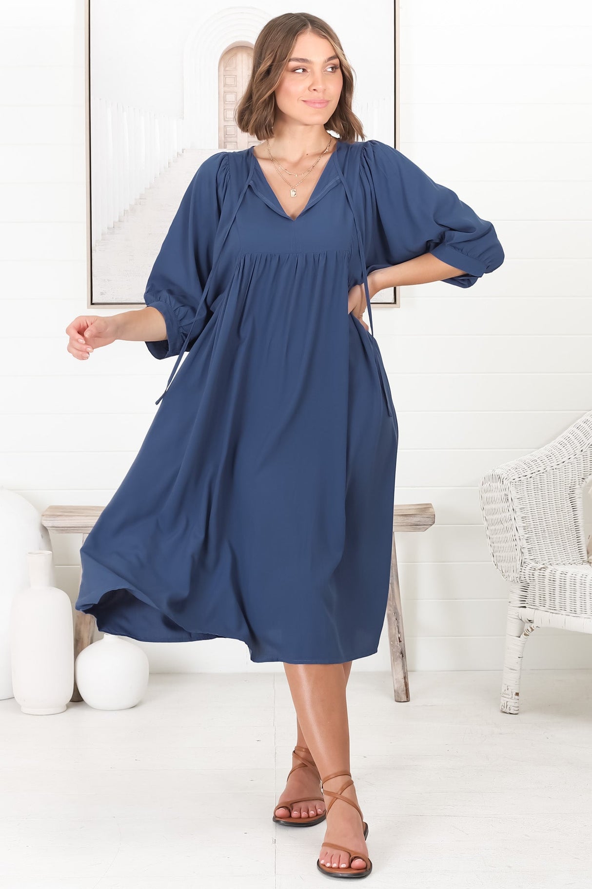 Mariah Midi Dress - V Neck Smock Dress with Batwing Sleeves in Navy