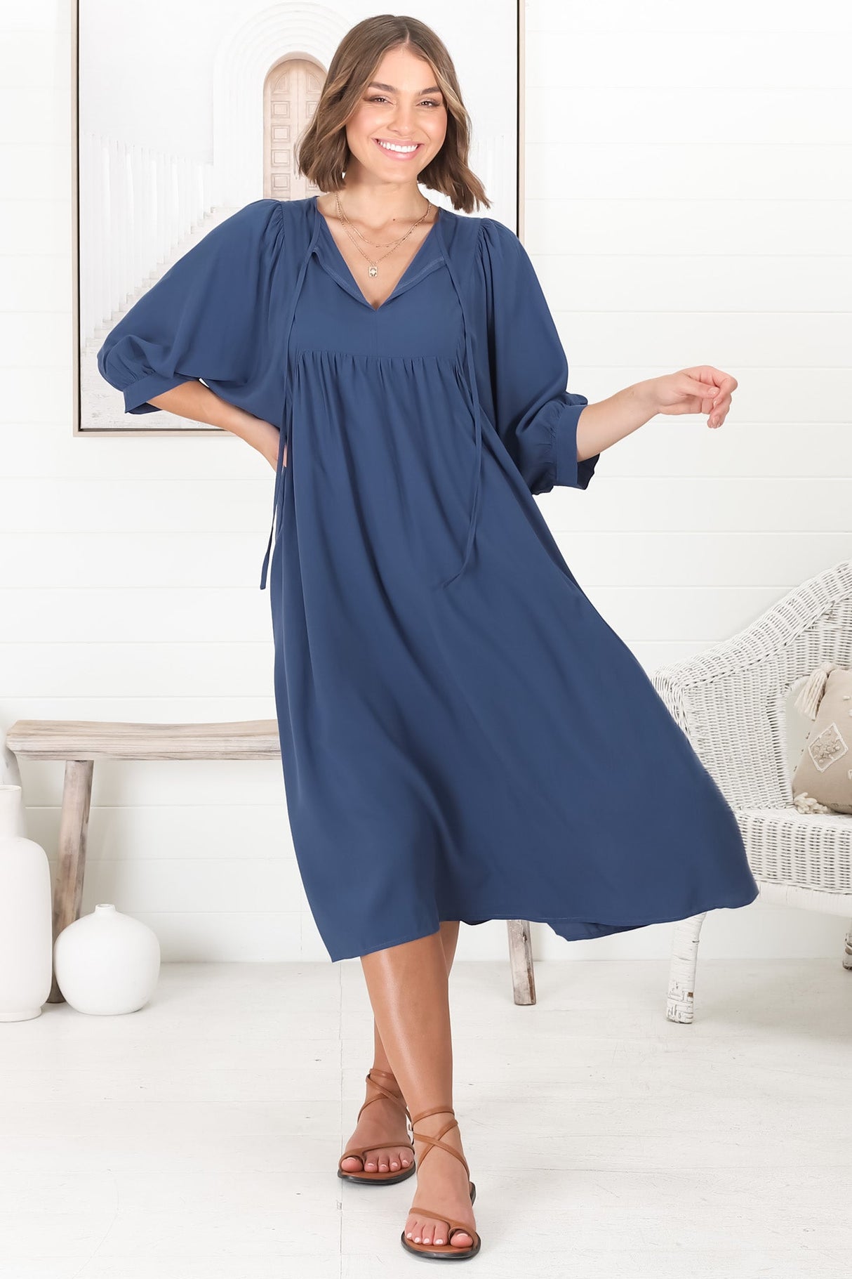 Mariah Midi Dress - V Neck Smock Dress with Batwing Sleeves in Navy