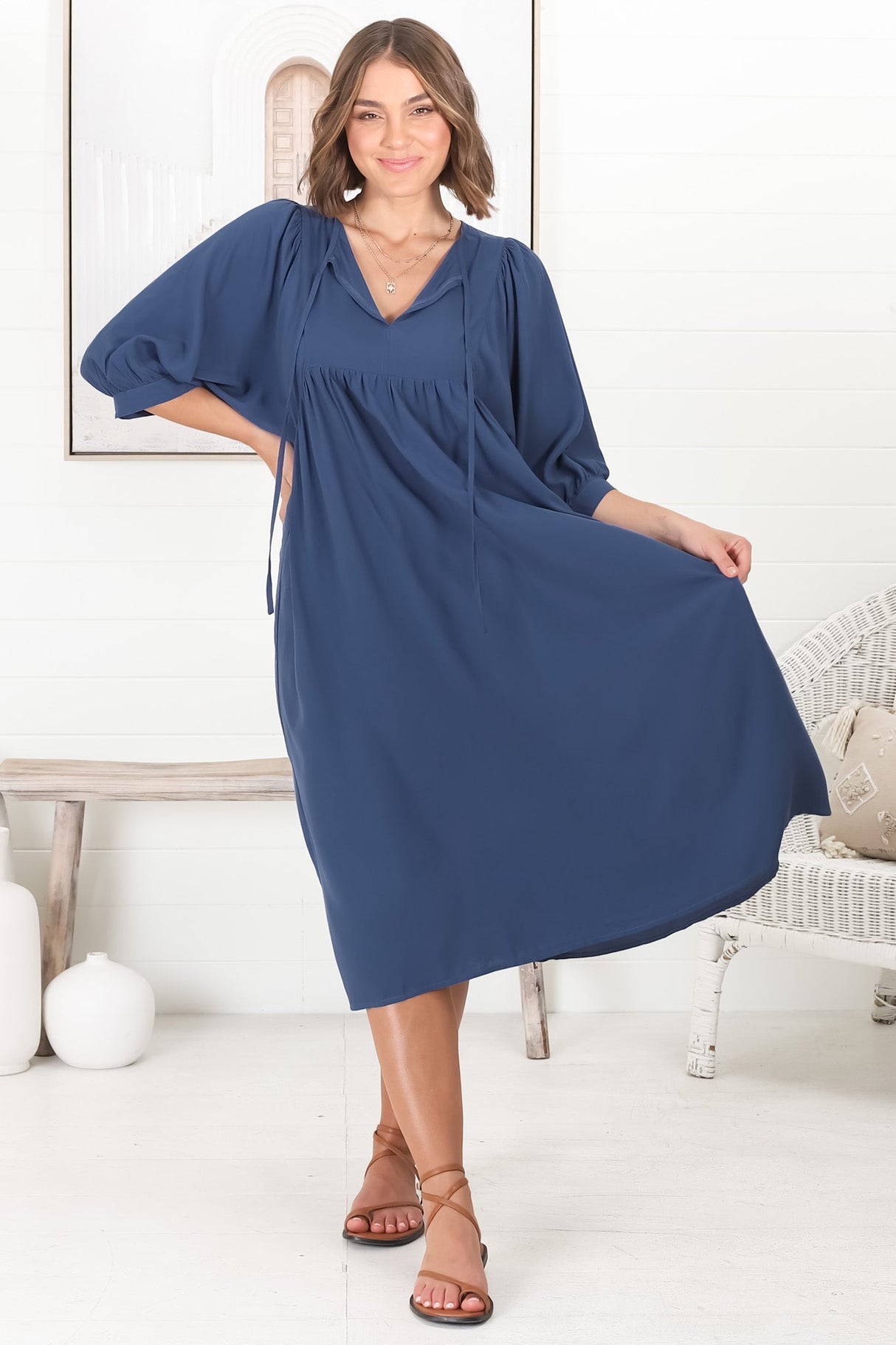 Mariah Midi Dress - V Neck Smock Dress with Batwing Sleeves in Navy