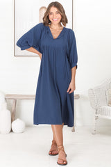 Mariah Midi Dress - V Neck Smock Dress with Batwing Sleeves in Navy