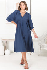 Mariah Midi Dress - V Neck Smock Dress with Batwing Sleeves in Navy