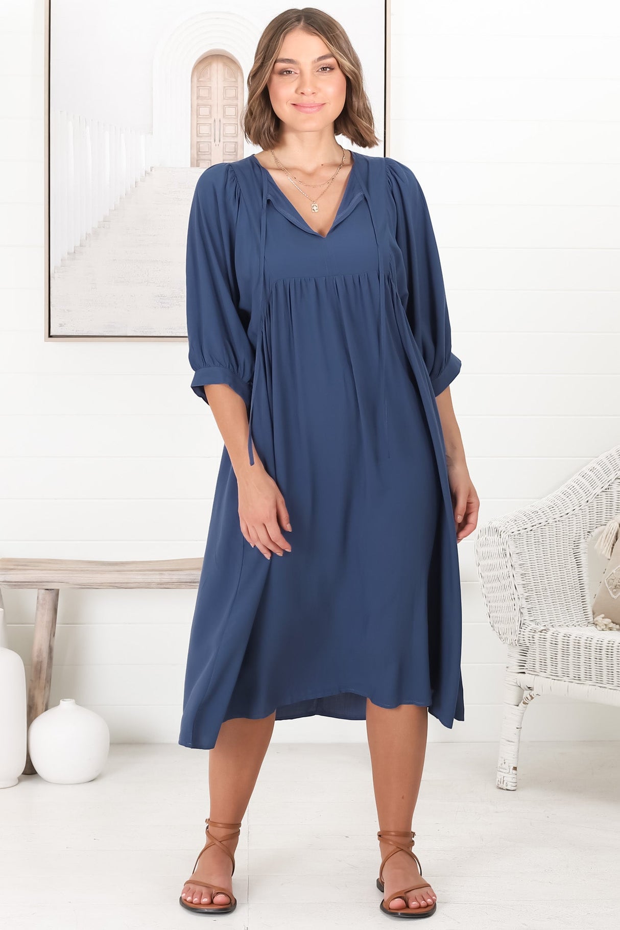 Mariah Midi Dress - V Neck Smock Dress with Batwing Sleeves in Navy