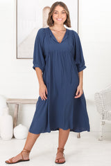 Mariah Midi Dress - V Neck Smock Dress with Batwing Sleeves in Navy