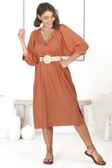 Mariah Midi Dress - V Neck Smock Dress with Batwing Sleeves in Tangerine