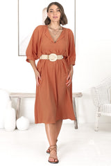 Mariah Midi Dress - V Neck Smock Dress with Batwing Sleeves in Tangerine