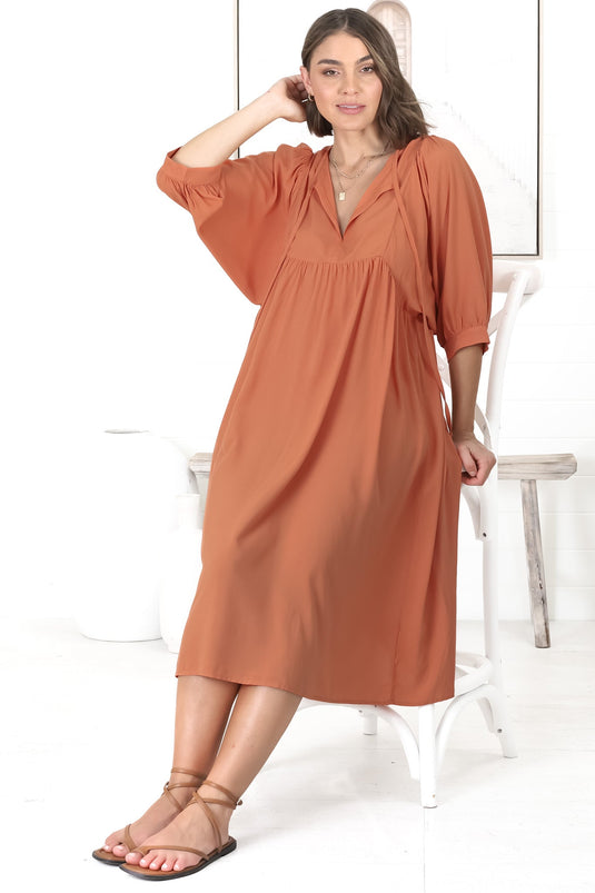 Mariah Midi Dress - V Neck Smock Dress with Batwing Sleeves in Tangerine