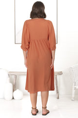 Mariah Midi Dress - V Neck Smock Dress with Batwing Sleeves in Tangerine