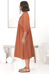 Mariah Midi Dress - V Neck Smock Dress with Batwing Sleeves in Tangerine