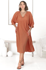 Mariah Midi Dress - V Neck Smock Dress with Batwing Sleeves in Tangerine