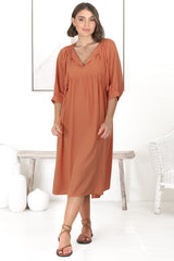 Mariah Midi Dress - V Neck Smock Dress with Batwing Sleeves in Tangerine