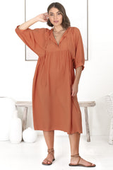 Mariah Midi Dress - V Neck Smock Dress with Batwing Sleeves in Tangerine