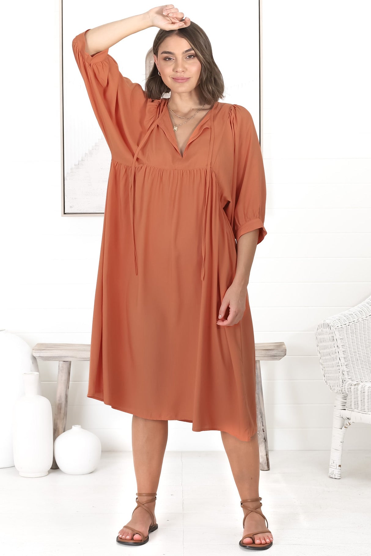 Mariah Midi Dress - V Neck Smock Dress with Batwing Sleeves in Tangerine