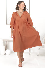 Mariah Midi Dress - V Neck Smock Dress with Batwing Sleeves in Tangerine