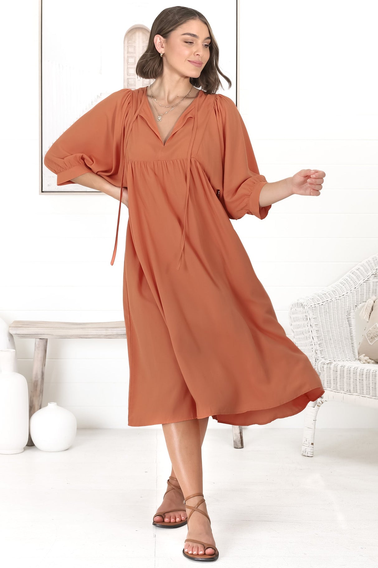 Mariah Midi Dress - V Neck Smock Dress with Batwing Sleeves in Tangerine