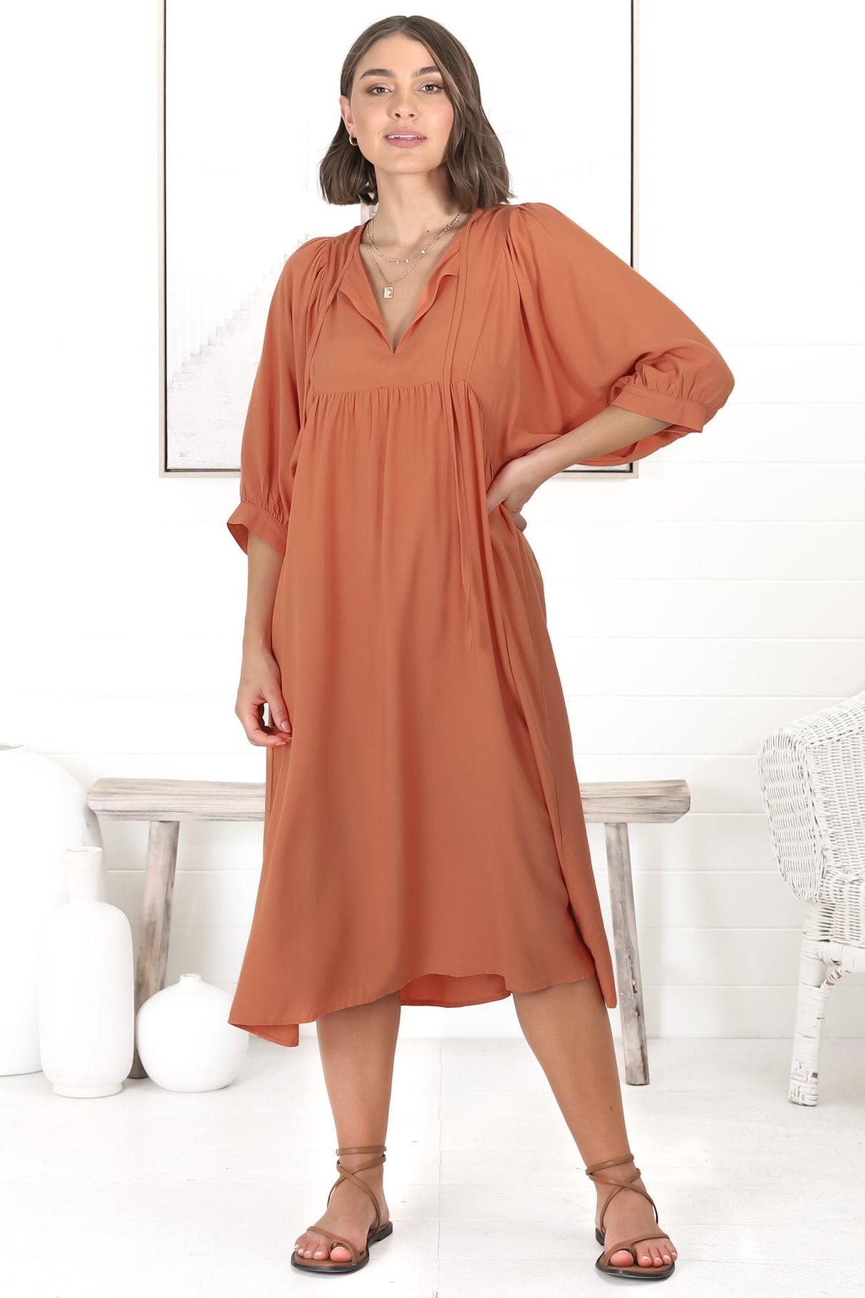 Mariah Midi Dress - V Neck Smock Dress with Batwing Sleeves in Tangerine