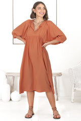 Mariah Midi Dress - V Neck Smock Dress with Batwing Sleeves in Tangerine