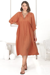 Mariah Midi Dress - V Neck Smock Dress with Batwing Sleeves in Tangerine