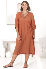 Mariah Midi Dress - V Neck Smock Dress with Batwing Sleeves in Tangerine