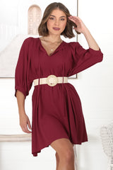 Mariah Mini Dress - V Neck Smock Dress with Batwing Sleeves in Dark Red